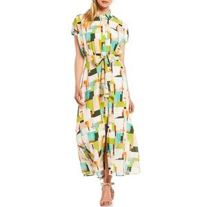 LDT Darcy Patch Print Point Collar Cap Sleeve Maxi Shirt Dress Size 0 Small